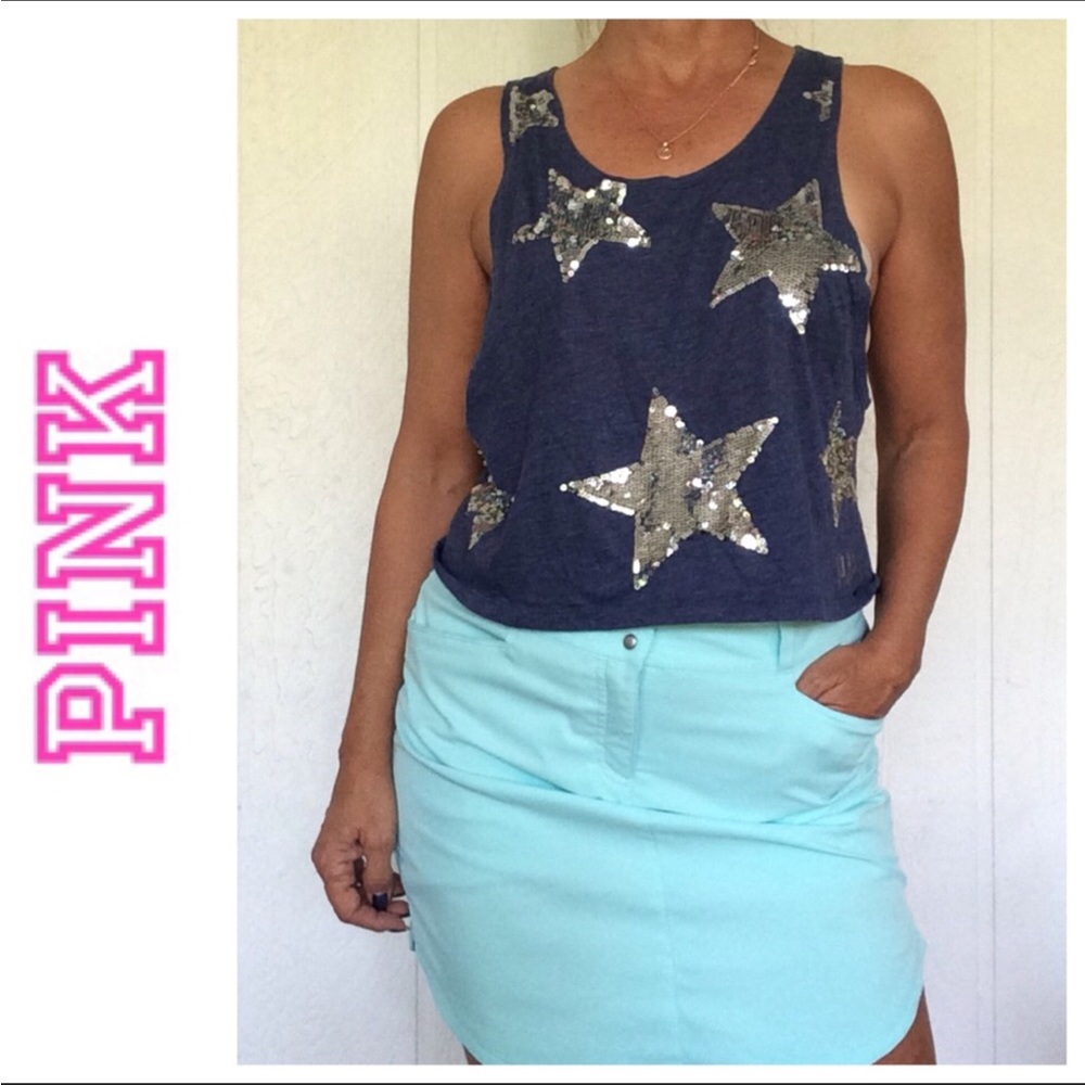 PINK VICTORIAS SECRET SEQUIN STAR MUSCLE TANK TOP SMALL